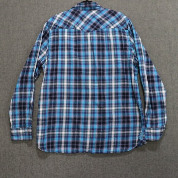 Sun + Stone Plaid Western Shirt Mens XL Long Sleeve Soft Blue Plaid Pearl Snap - Picture 3 of 10